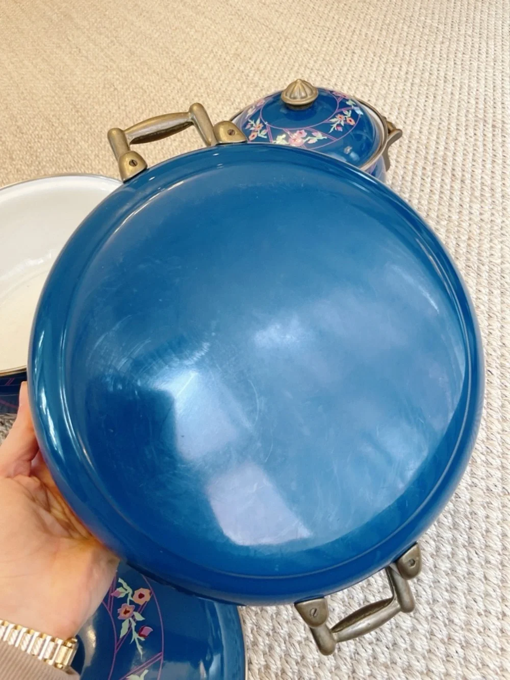 Vintage Sarma Studios Floral Enamel Cookware Set Blue Pots 3pc 2x 10” & 8” w lid